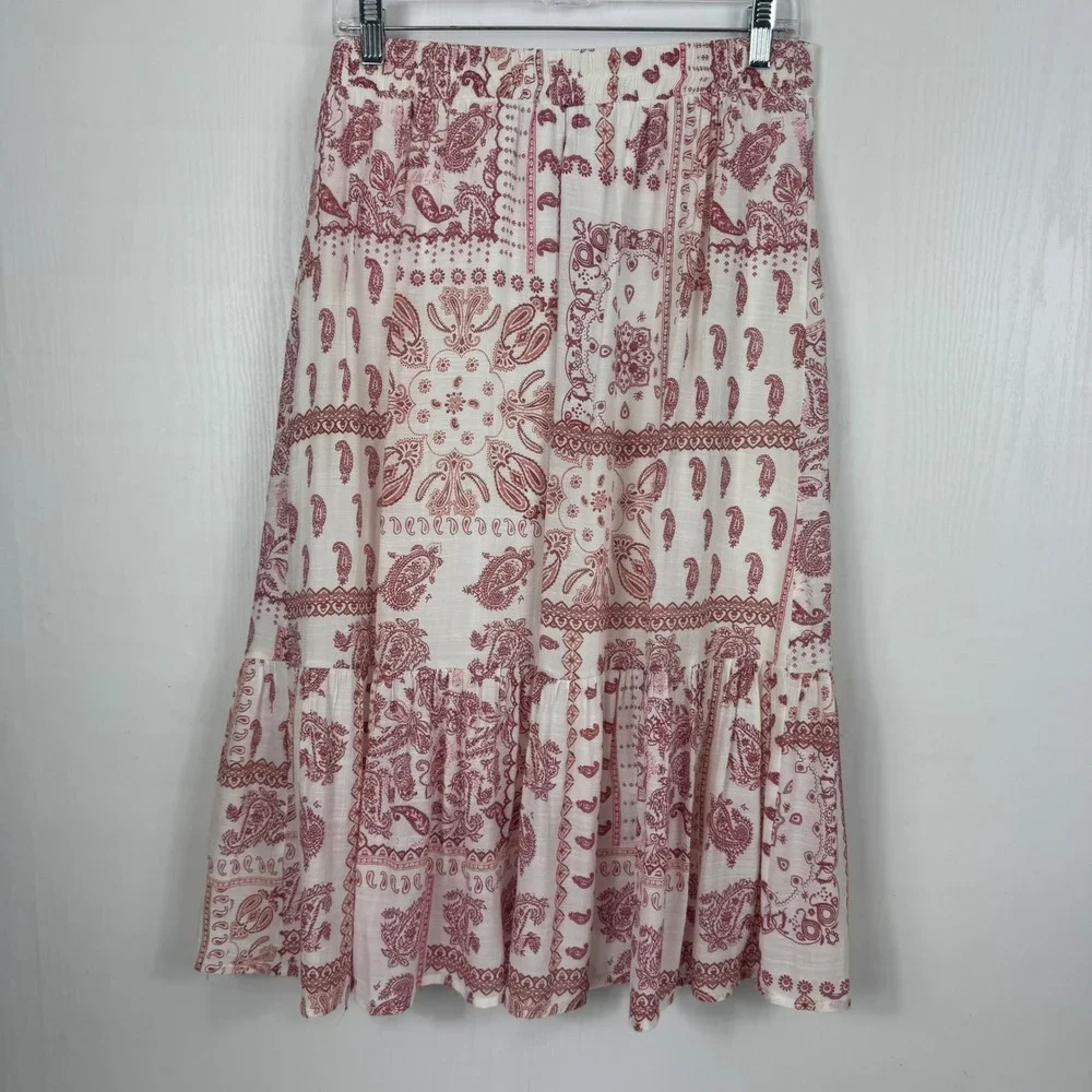 Mlle Gabrielle Red White Paisley Bandana Button Front Ruffle Midi Skirt Size L - Picture 9 of 12